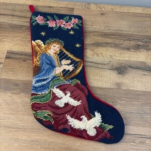 Angel Harp Needlepoint Christmas Stocking Holiday Vintage